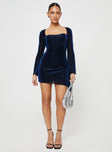 front view of model wearing Princess Polly Donelli Long Sleeve Mini Dress Navy Lower Impact Sweetheart Neckline 