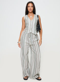 front view of model wearing Princess Polly Flutters Vest Top White / Blue Stripe Sleeveless V-Neck 