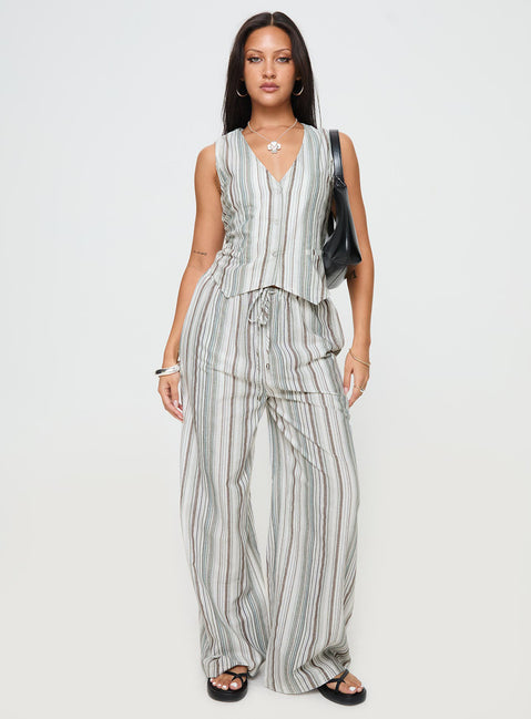 front view of model wearing Princess Polly Flutters Vest Top White / Blue Stripe Sleeveless V-Neck 