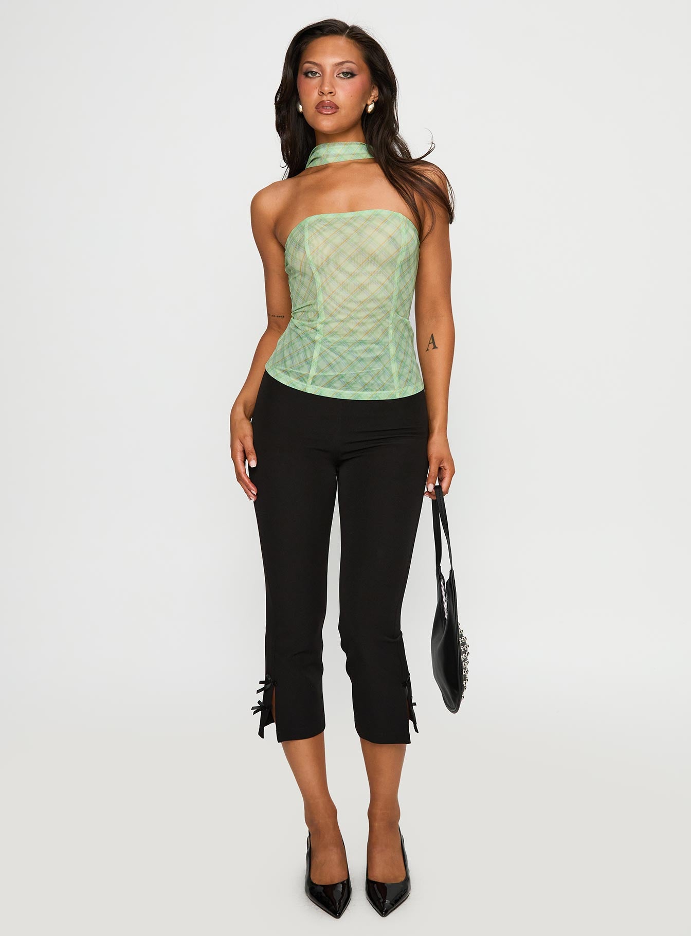back view of model wearing Princess Polly No Comparison Neck Tie Strapless Top Green Check Sleeveless straight 