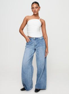 front view of model wearing Princess Polly Elowyn Top White Sleeveless Asymmetric Neckline 