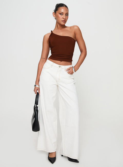 side view of model wearing Princess Polly Anwen Top Brown Sleeveless Asymmetric Neckline 