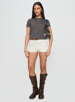 side view of model wearing Princess Polly Micah Tee Charcoal Short Sleeves Crew Neck 