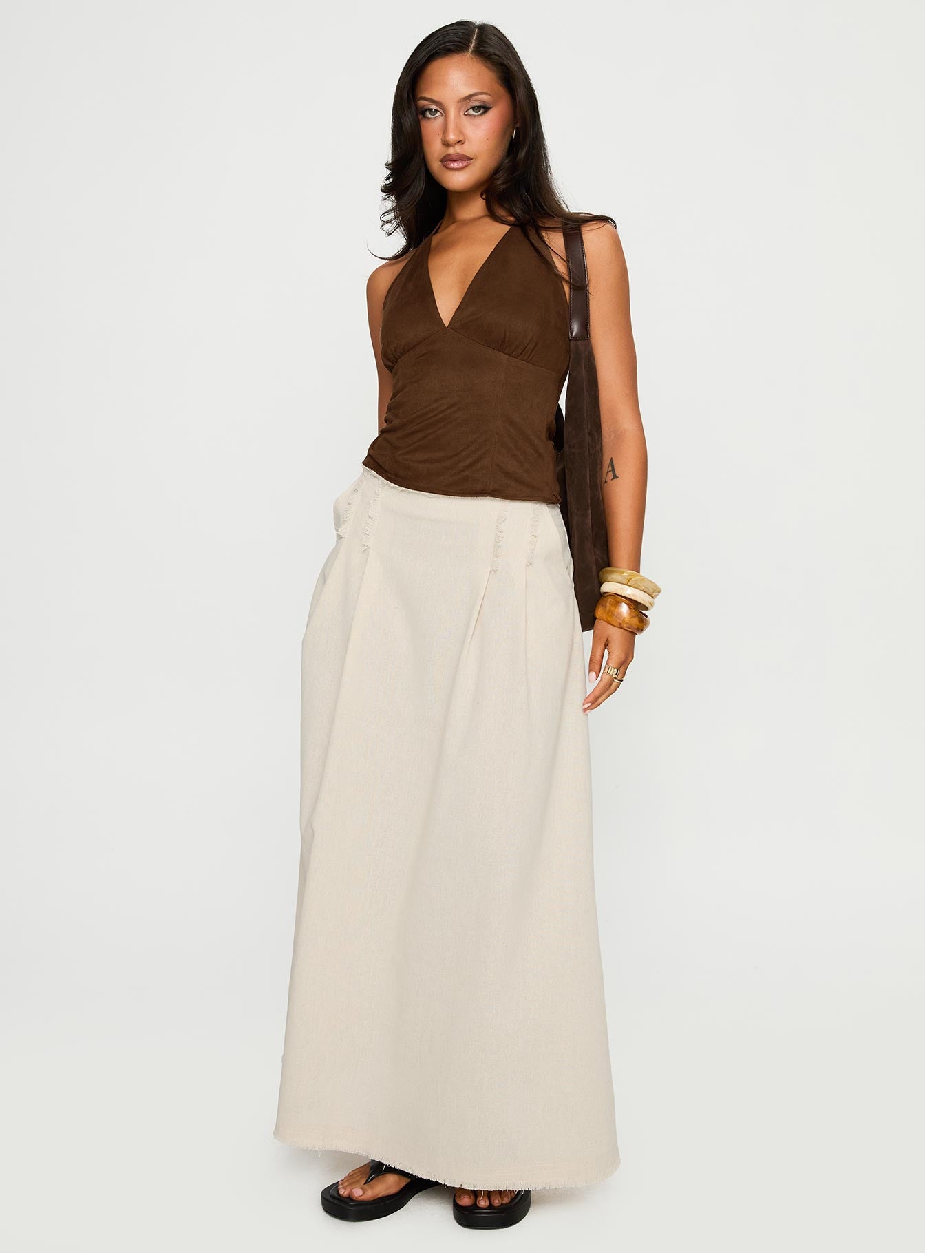   side view of model wearing Princess Polly Bohemian Spirit Maxi Skirt Beige Maxi 