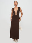 front view of model wearing Princess Polly Steward Maxi Dress Chocolate Plunger 