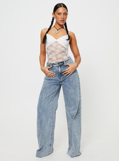 front view of model wearing Princess Polly Pennard Lace Bodysuit White Sleeveless 