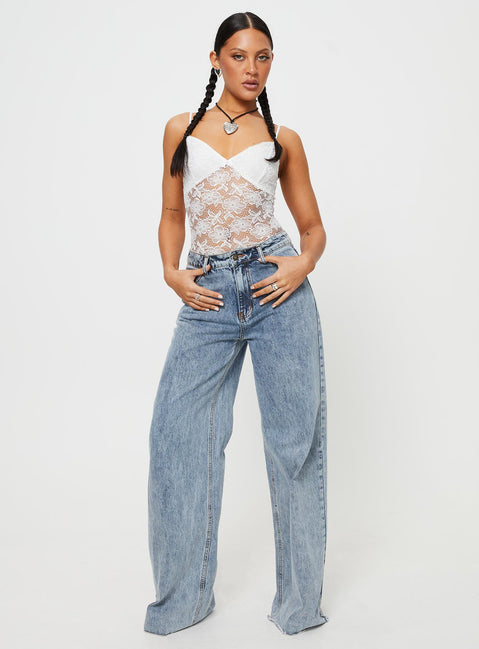 front view of model wearing Princess Polly Pennard Lace Bodysuit White Sleeveless 