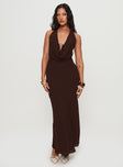 front view of model wearing Princess Polly Alejandria Cowl Neck Maxi Dress Chocolate Cowl Neck 