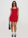 side view of model wearing Princess Polly Mallorie Halter Mini Dress Red Scoop Neck 