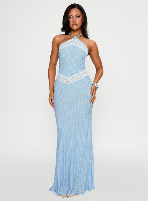 front view of model wearing Princess Polly Wild Joy Halter Maxi Dress Blue Polka Asymmetric Neckline 