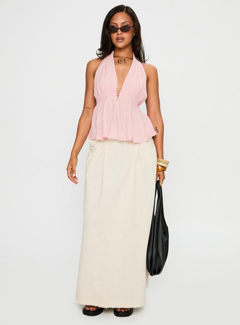 back view of model wearing Princess Polly Saddler Halter Top Pink Sleeveless Plunger 