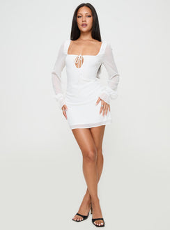 front view of model wearing Princess Polly Bayford Long Sleeve Mini Dress White Square Neck 