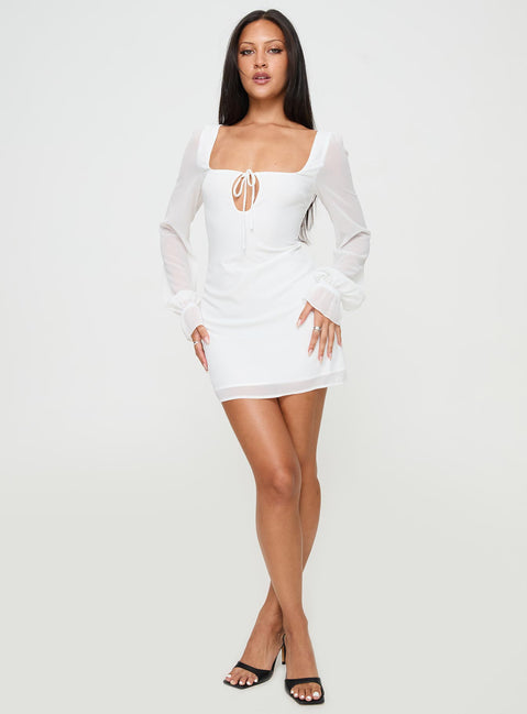 front view of model wearing Princess Polly Bayford Long Sleeve Mini Dress White Square Neck 