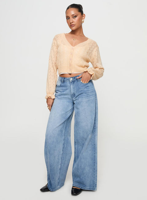 side view of model wearing Princess Polly Lyric Cropped Cardigan Beige Cropped 