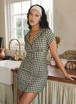 front view of model wearing Princess Polly Motley Mini Dress Brown Check Tall V-Neck 