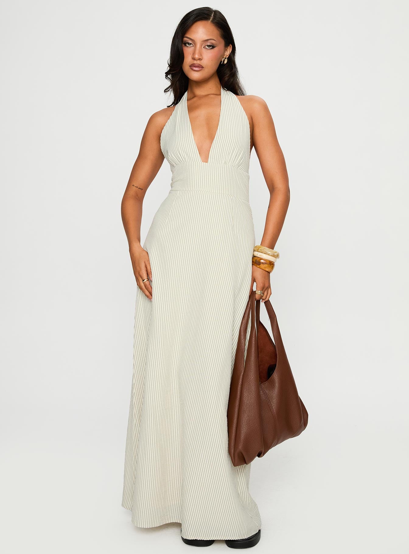 back view of model wearing Princess Polly Caralyn Halter Maxi Dress Multi Stripe Plunger 