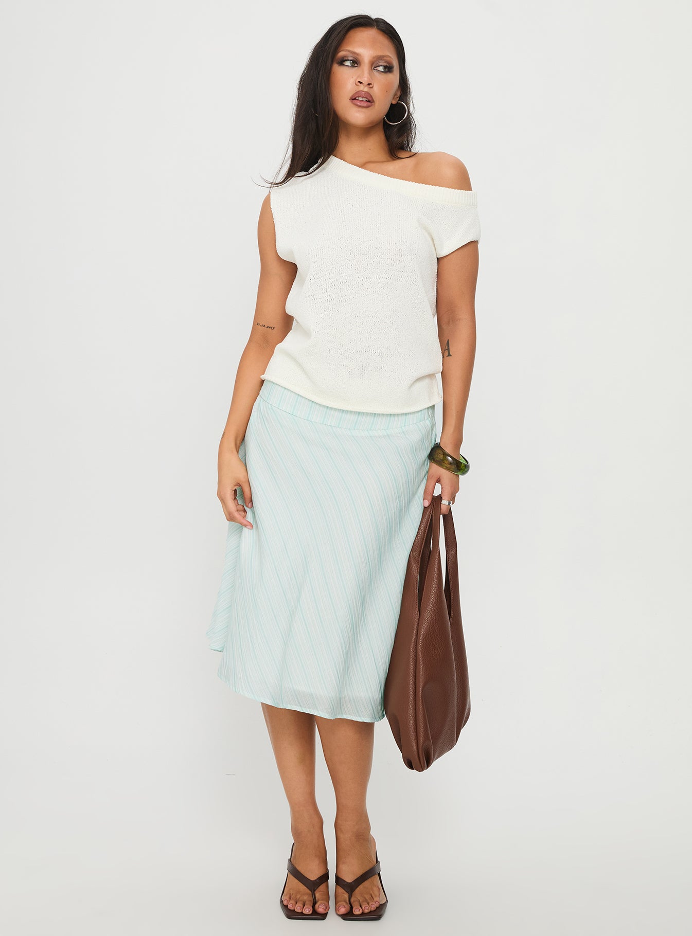   front view of model wearing Princess Polly Alunara Midi Skirt Aqua Stripe Midi Skirts 