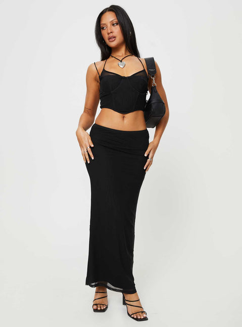 Matching set, slim fitting, mesh material Cropped corset top, halter neck tie, elasticated shoulder straps, wired cups, boning through front, curved hem Maxi skirt, thin elasticated waistband Good stretch, fully lined 