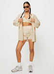 Three-piece matching set Relaxed fit, check print Long sleeve shirt, classic collar, button fastening at front Crop top, adjustable shoulder straps, v-neckline, elasticated band at bust Shorts, elasticated waistband, twin hip pockets