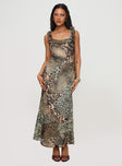 side view of model wearing Princess Polly Ismeralda Maxi Dress Leopard Square Neck 