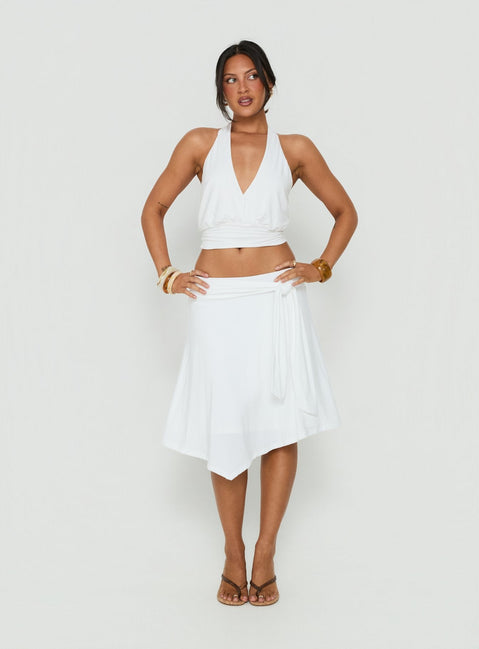 Soft Focus Tie Waist Midi Skirt White