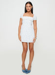 front view of model wearing Princess Polly Powells Mini Dress White / Blue Floral Square Neck 