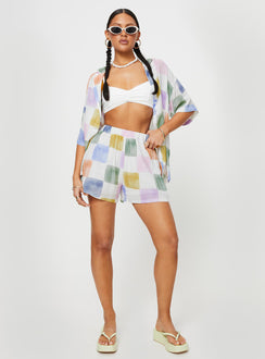 Check print matching set Relaxed fit shirt, lapel collar, button fastening at front, elasticated waist shorts Non-stretch, unlined