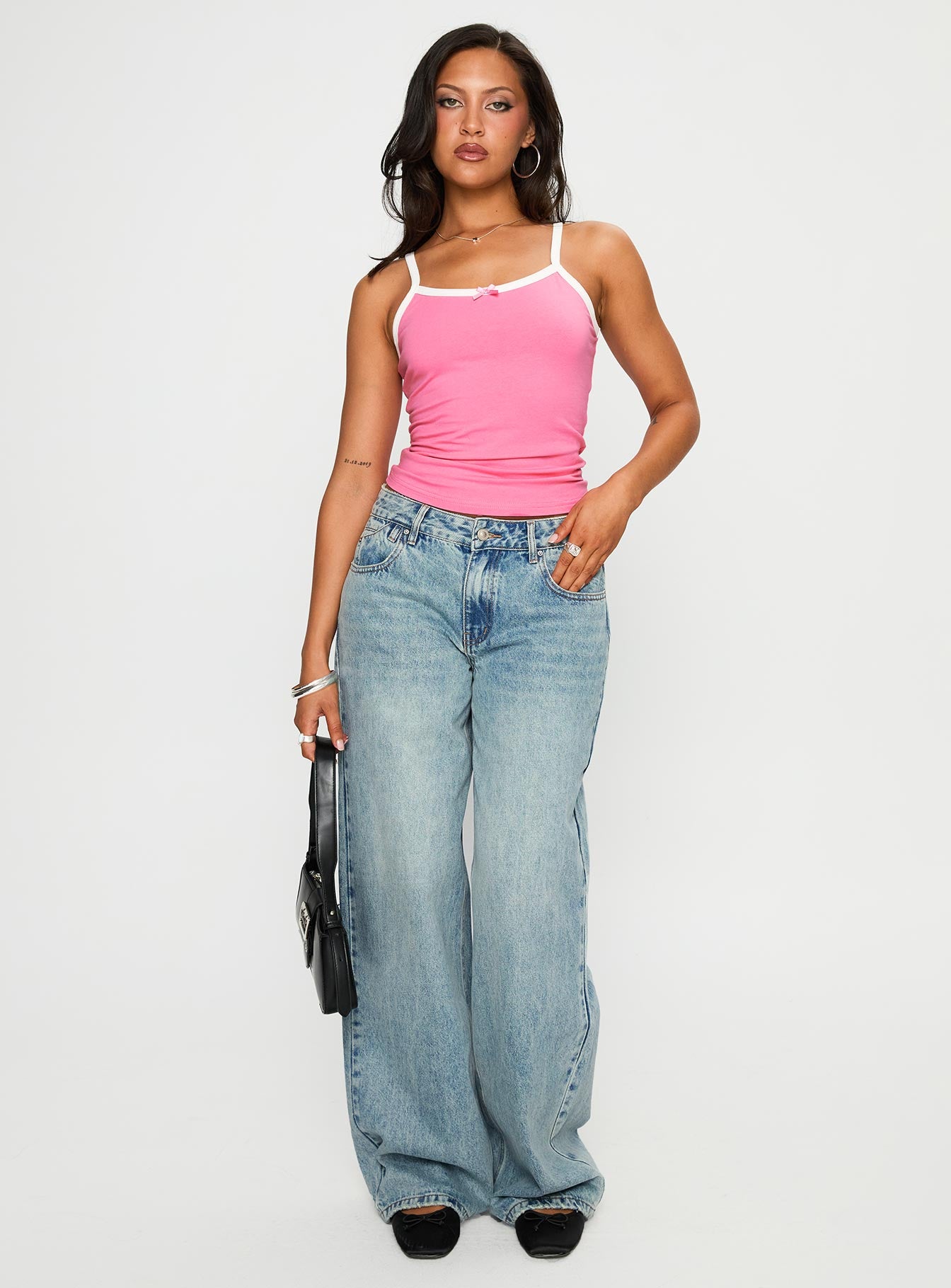 front view of model wearing Princess Polly Edge Of Town Jeans Vintage Blue Mid Rise 