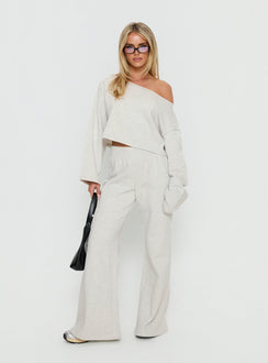 front view of model wearing Princess Polly Peaks Flared Track Pants Snow Marle Mid Rise Pants 