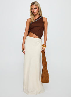 back view of model wearing Princess Polly Frankle Top Chocolate / Blue Sleeveless Asymmetric Neckline 