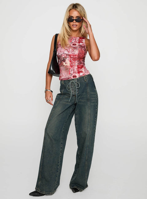 side view of model wearing Princess Polly Synchro Top Pink Paisley Sleeveless Crew Neck 