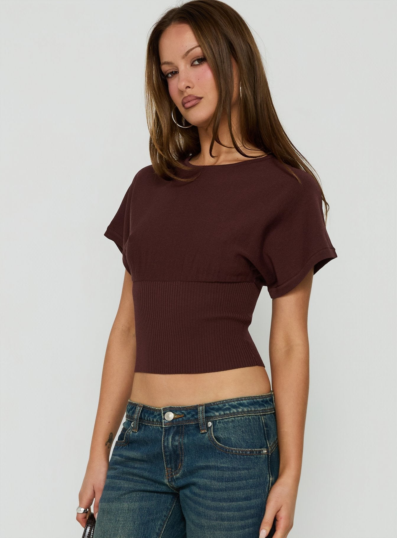 Bowwie Cinched Short Sleeve Knit Top Chocolate