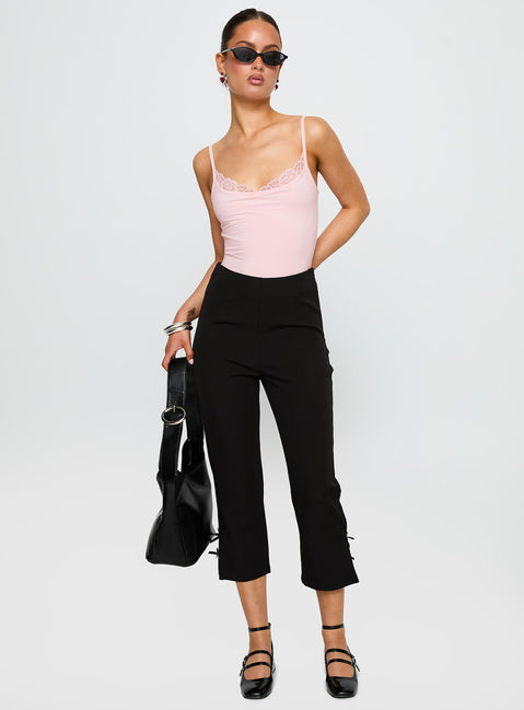 side view of model wearing Princess Polly Aetherial Lace Detail Bodysuit Pink Sleeveless 