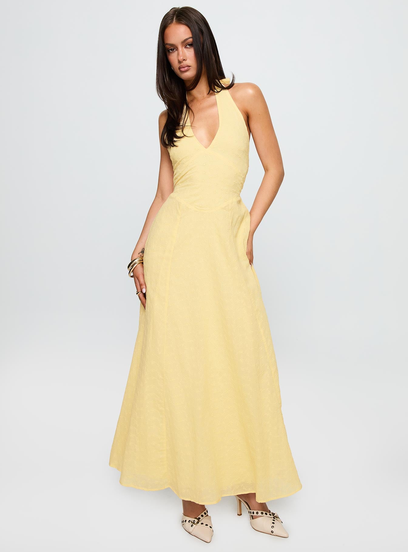 front view of model wearing Princess Polly Summer State Halter Maxi Dress Yellow Plunger 