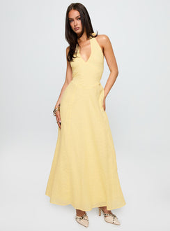front view of model wearing Princess Polly Summer State Halter Maxi Dress Yellow Plunger 