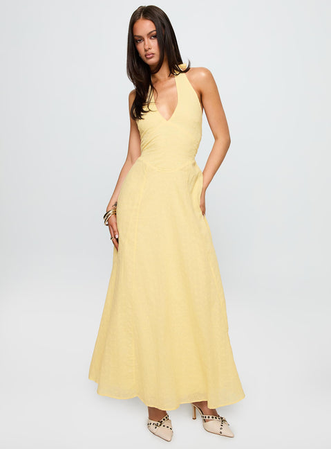front view of model wearing Princess Polly Summer State Halter Maxi Dress Yellow Plunger 