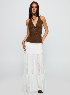   side view of model wearing Princess Polly Emanuella Lace Maxi Skirt White Maxi 