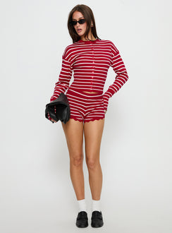 front view of model wearing Princess Polly Head In The Clouds Cardigan Crimson Stripe 