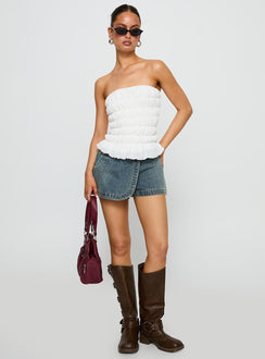 front view of model wearing Princess Polly Flashbloom Strapless Ruched Top White Sleeveless straight 