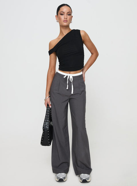 front view of model wearing Princess Polly Auclaire Pinstripe Pant Charcoal High Waisted Pants 