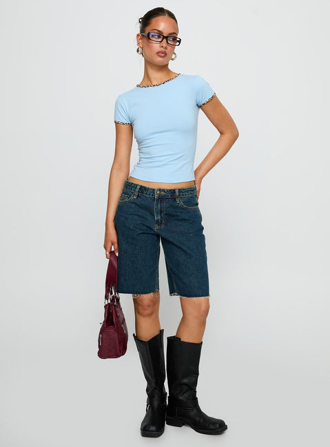 front view of model wearing Princess Polly Torissa Top Blue Short Sleeves Crew Neck 