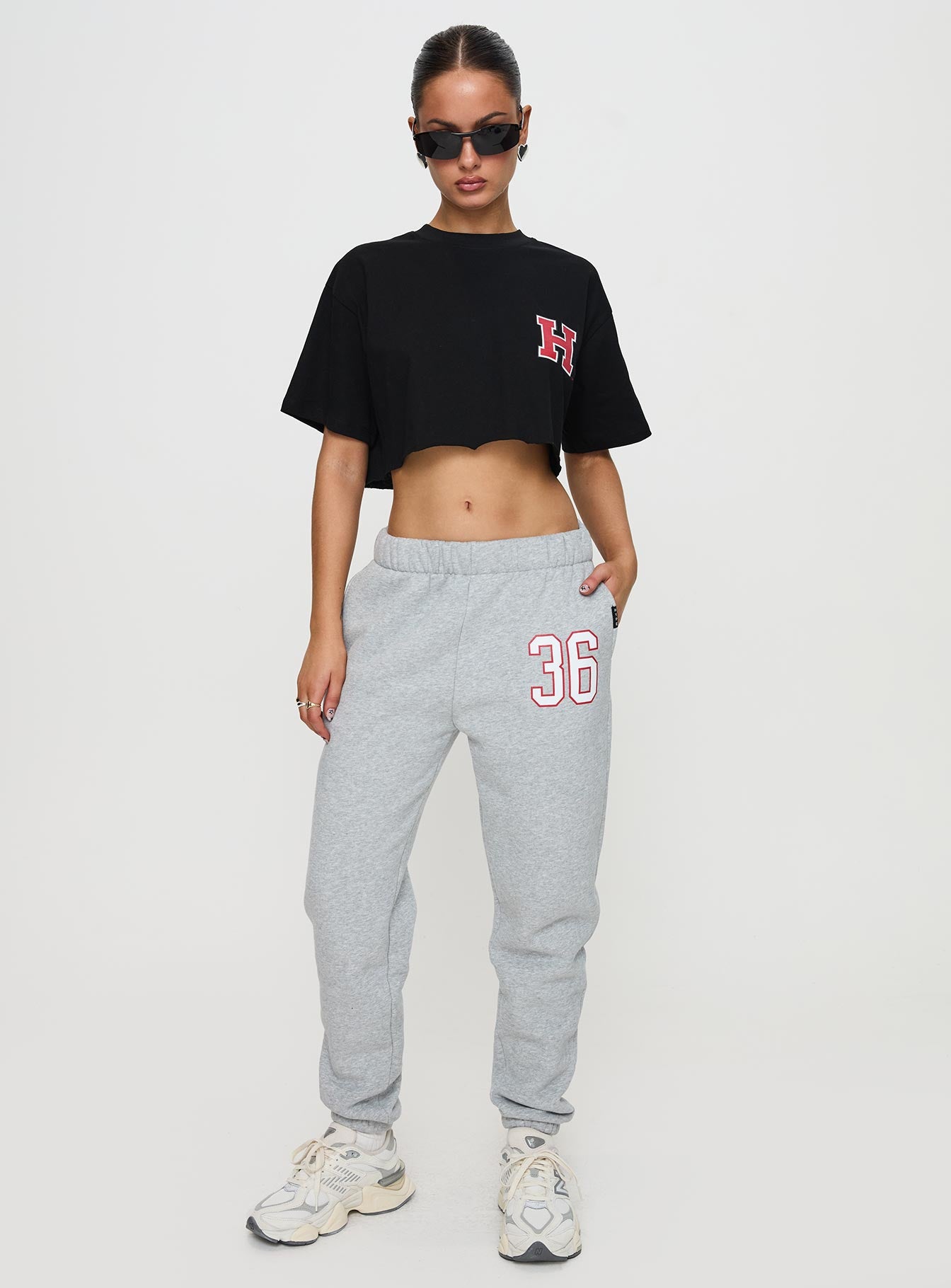 front view of model wearing Princess Polly Harvard Sweatpants Grey 