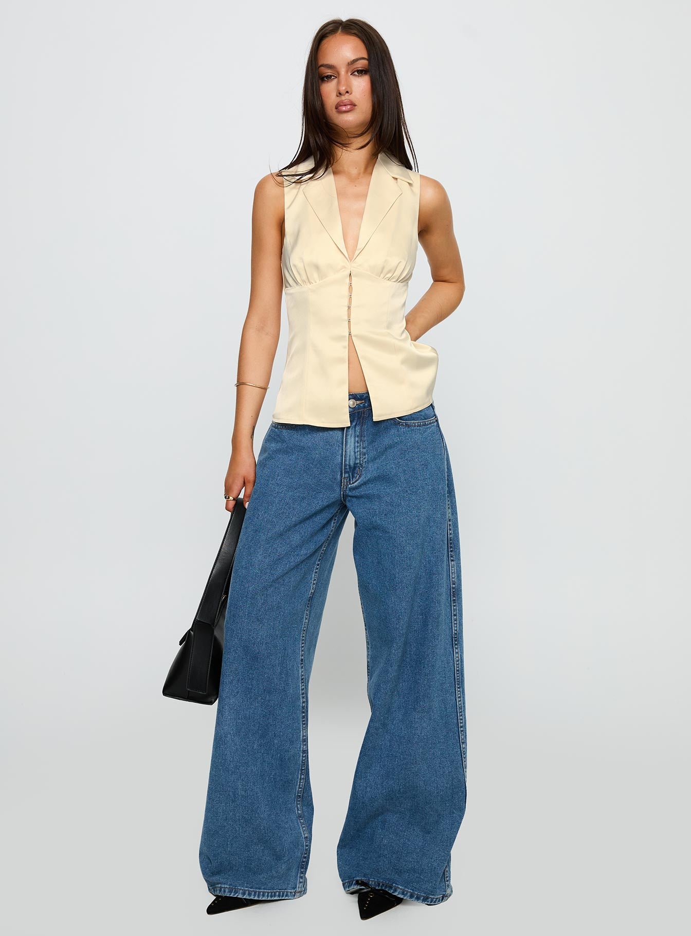 back view of model wearing Princess Polly My Truth Satin Top Cream Sleeveless Plunger 