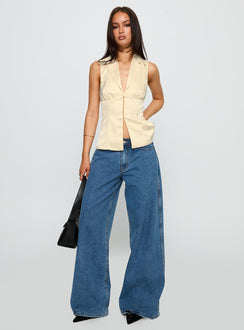 back view of model wearing Princess Polly My Truth Satin Top Cream Sleeveless Plunger 