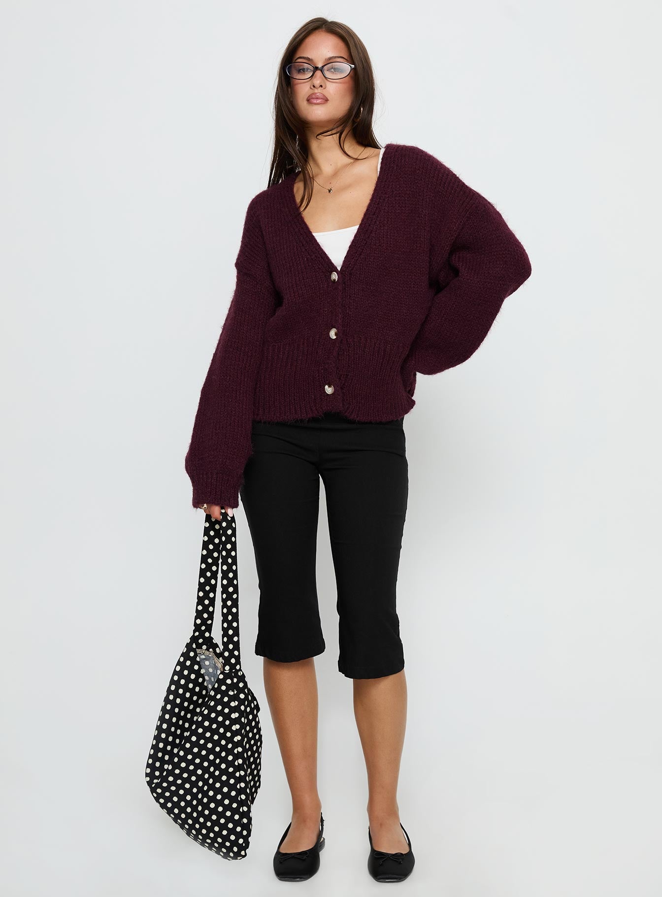 front view of model wearing Princess Polly Yasmyn Knit Cardigan Burgundy 