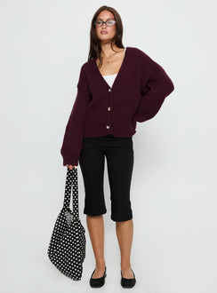 front view of model wearing Princess Polly Yasmyn Knit Cardigan Burgundy 