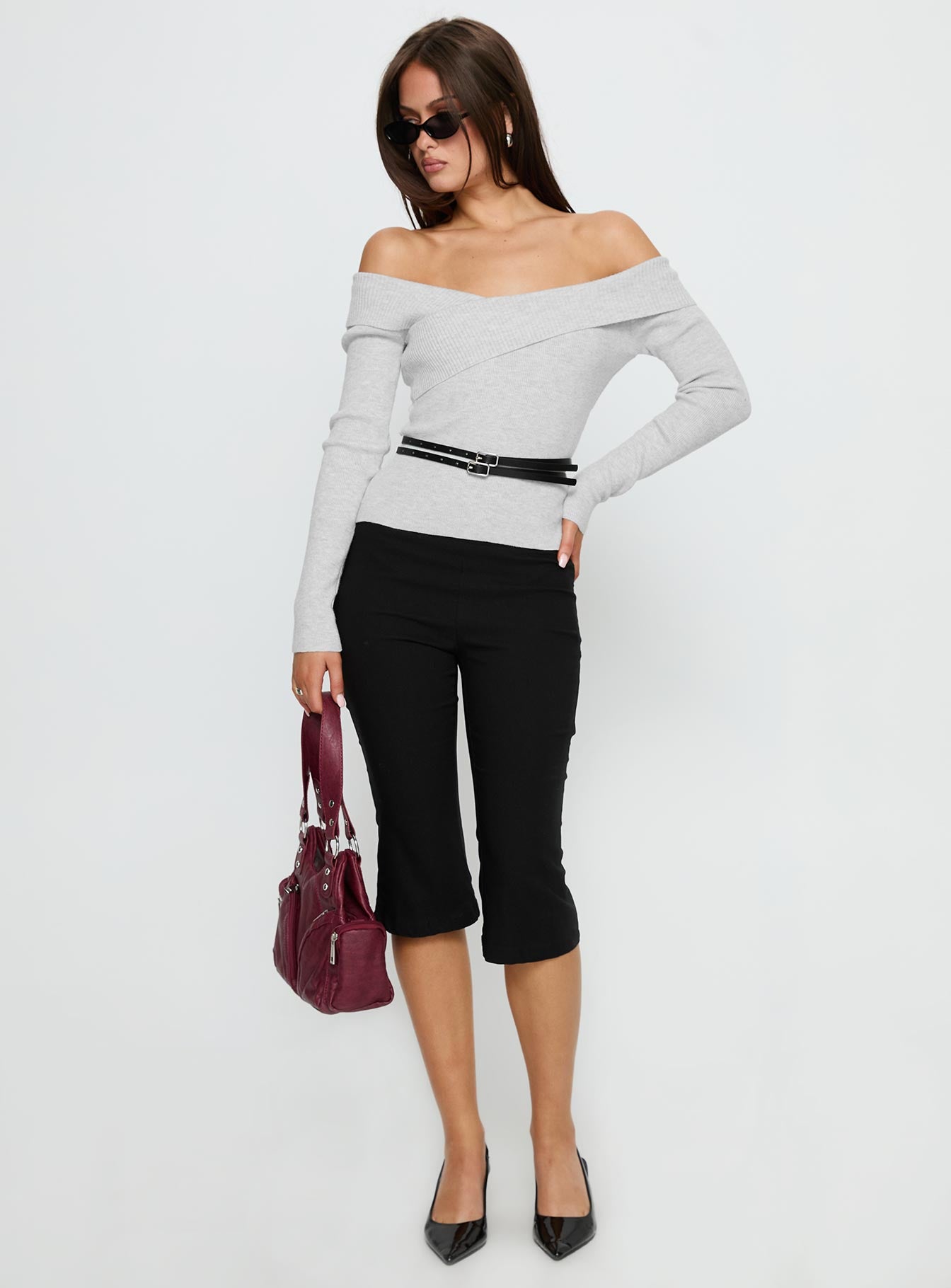 Ellenore Belt Detail Off Shoulder Top Grey