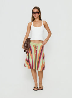 Designed with the Eranza Midi Skirt Mixed Orange Stripe in womens-skirts featuring midi length side view of model wearing
