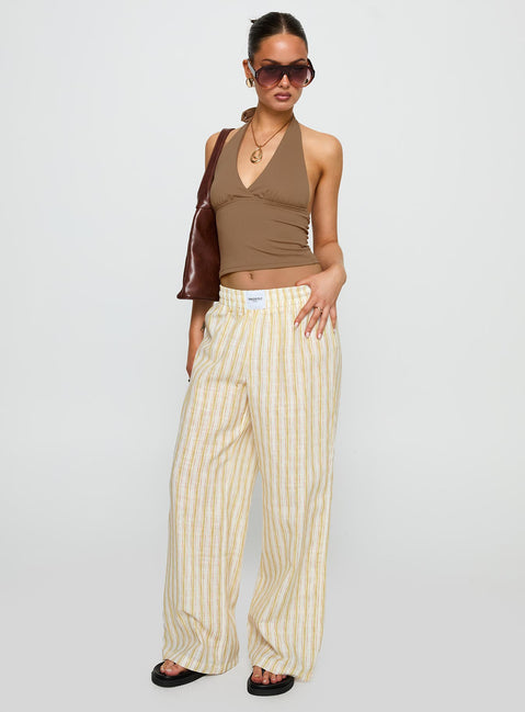 front view of model wearing Princess Polly Beach House Pants Yellow Stripe High Waisted Pants 