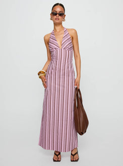 front view of model wearing Princess Polly Avrie Halter Maxi Dress Pink / Brown Stripe Plunger 
